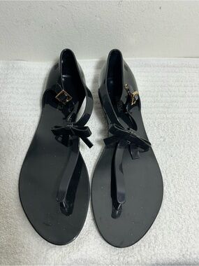 Melissa Black Jelly Bow Thong Sandals with Gold Buckle Sz 5